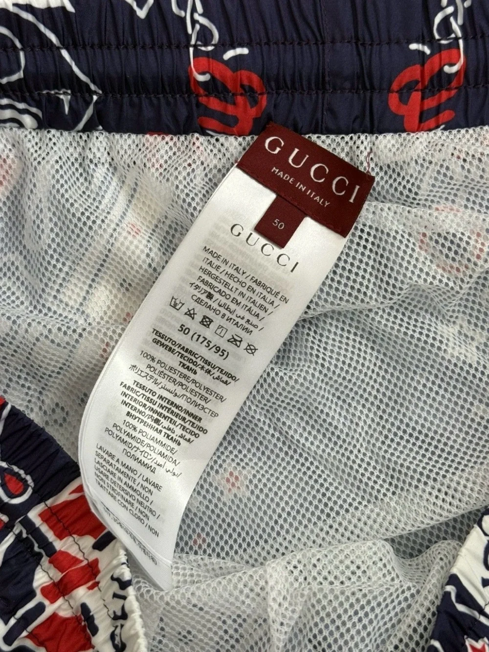 Gucci Men’s Navy, White & Red Graphic Swim Shorts